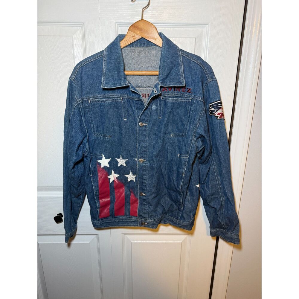 Avirex USA Flag Embroidered Denim Trucker Jacket Men's 16/16S Patriot Patch